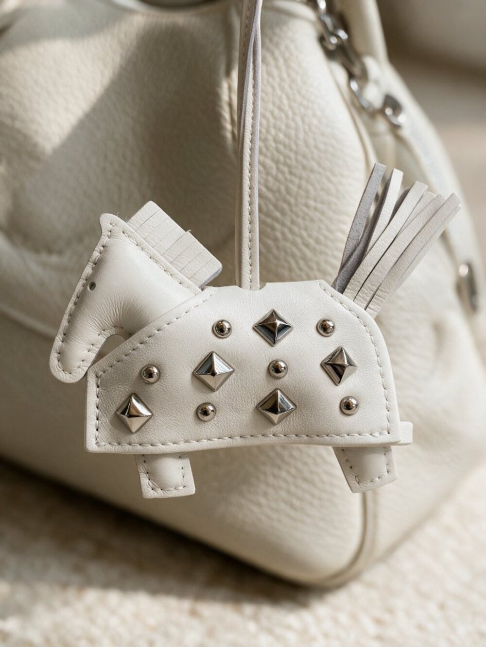 Genuine Lambskin Rodeo Rock Pony Bag Charm Ivory/Chalk White NWT